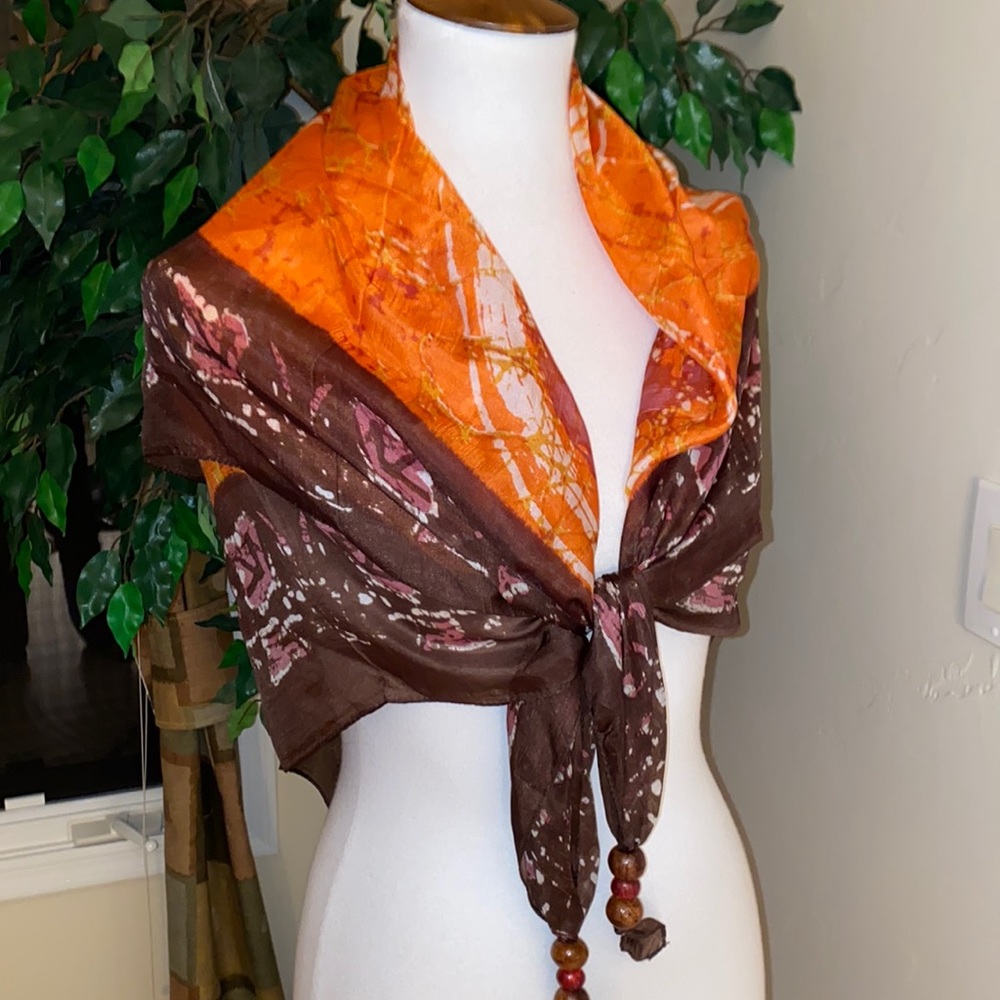 Nine West 100% Silk Scarf Wrap With Wooden Beads
